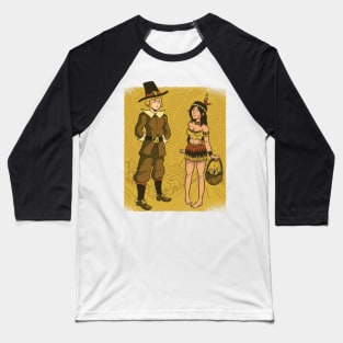 Cute Cartoon Thanksgiving Pilgrim and Native Baseball T-Shirt